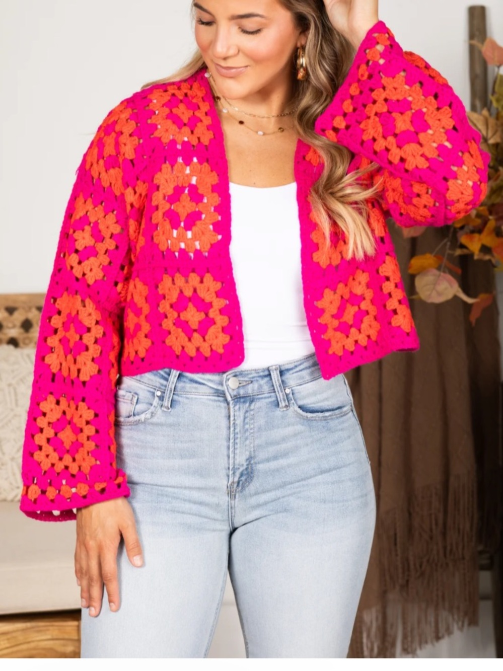 Dreamers by Debut granny square pink and orange cropped sweater cardigan sz s/m
